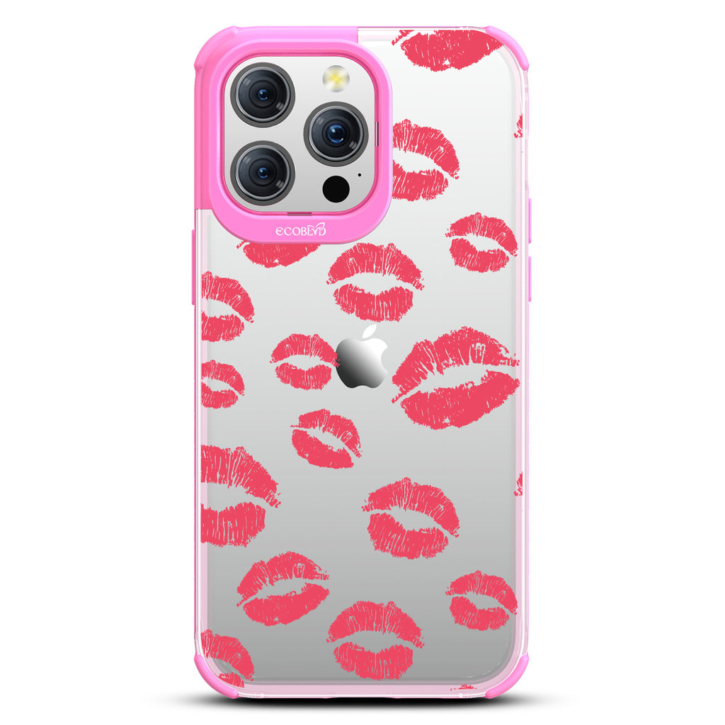 Bisou - Red Lipstick Kisses - Eco-Friendly Clear iPhone 15 Pro Max Case With Pink Rim