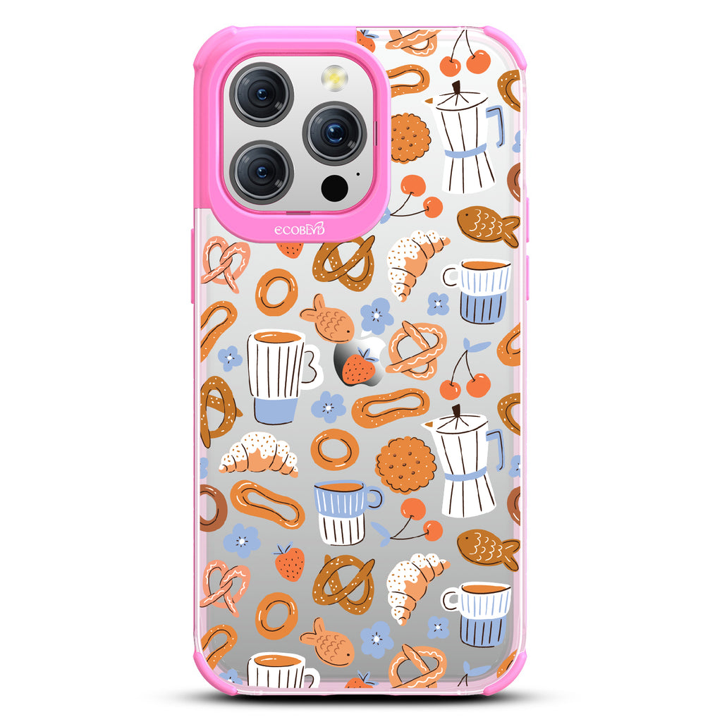 iPhone 15 Pro Max case, clear eco-friendly phone case with pink ridges, back view, The Breakfast Club design