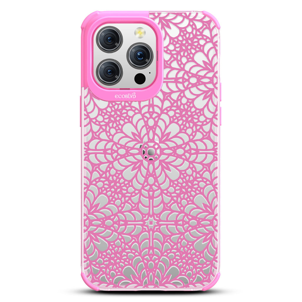A Lil' Dainty - Intricate Lace Tapestry - Eco-Friendly Clear iPhone 15 Pro Max Case With Pink Rim 