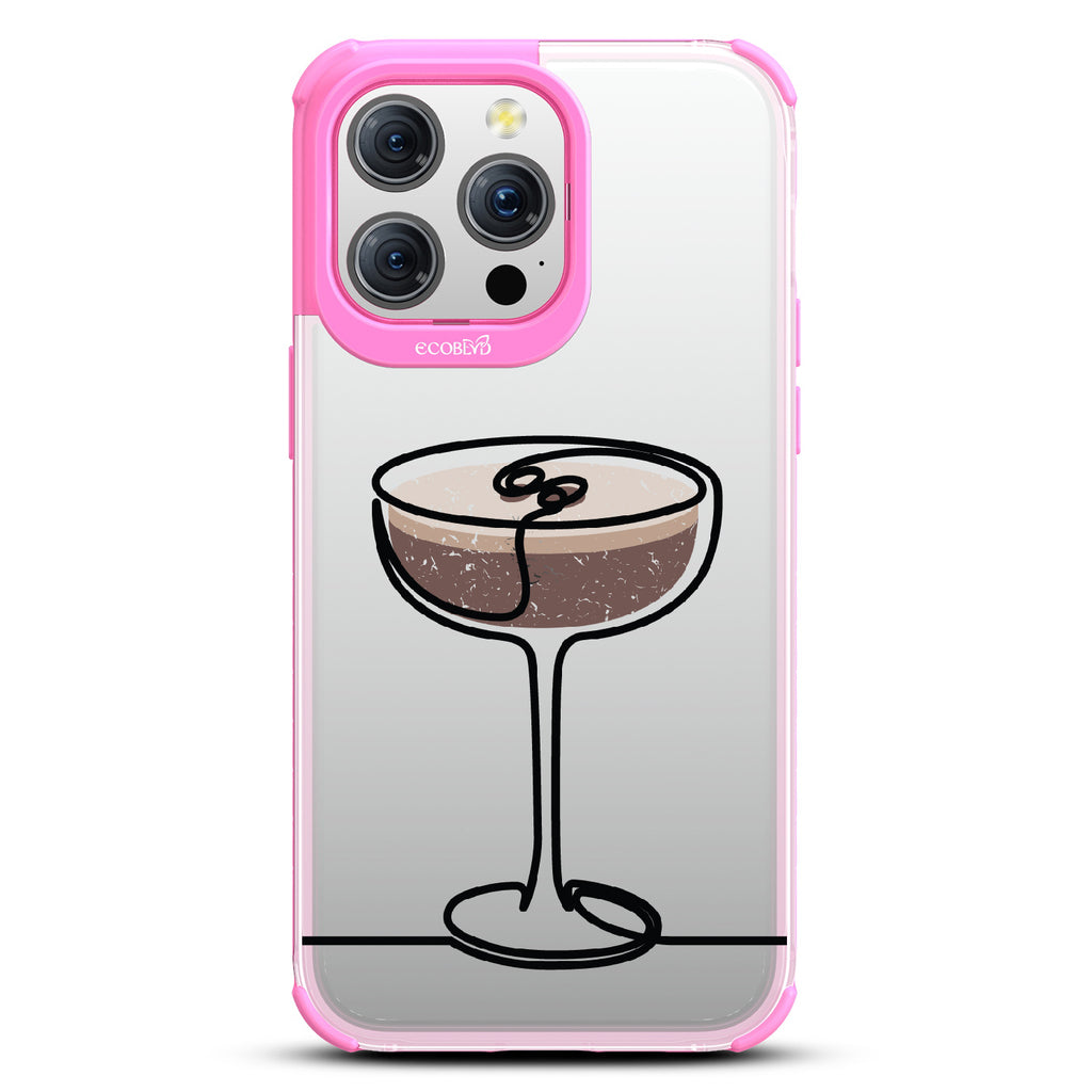 iPhone 15 Pro Max case, clear eco-friendly phone case with pink ridges, back view, Brewtini design