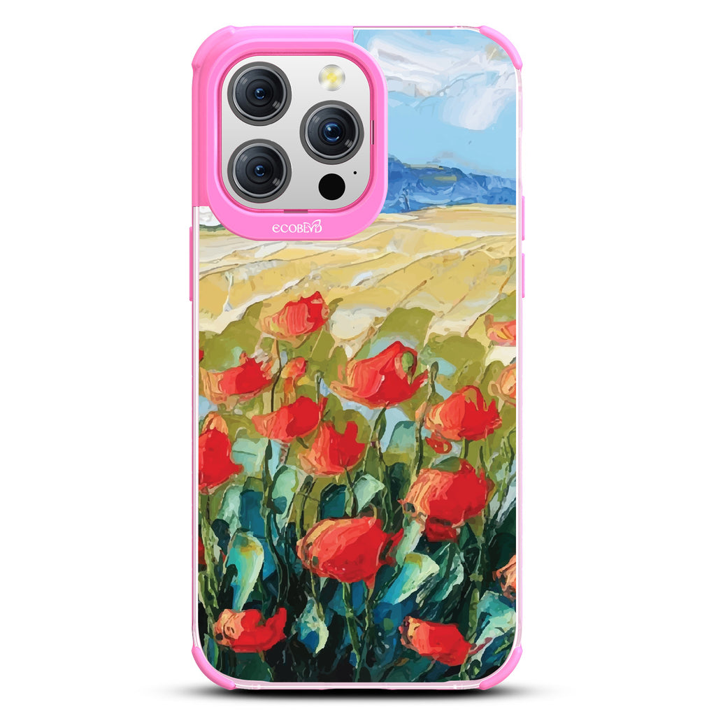 iPhone 15 Pro Max case, clear eco-friendly phone case with pink ridges, back view, Sleepy Bloom design