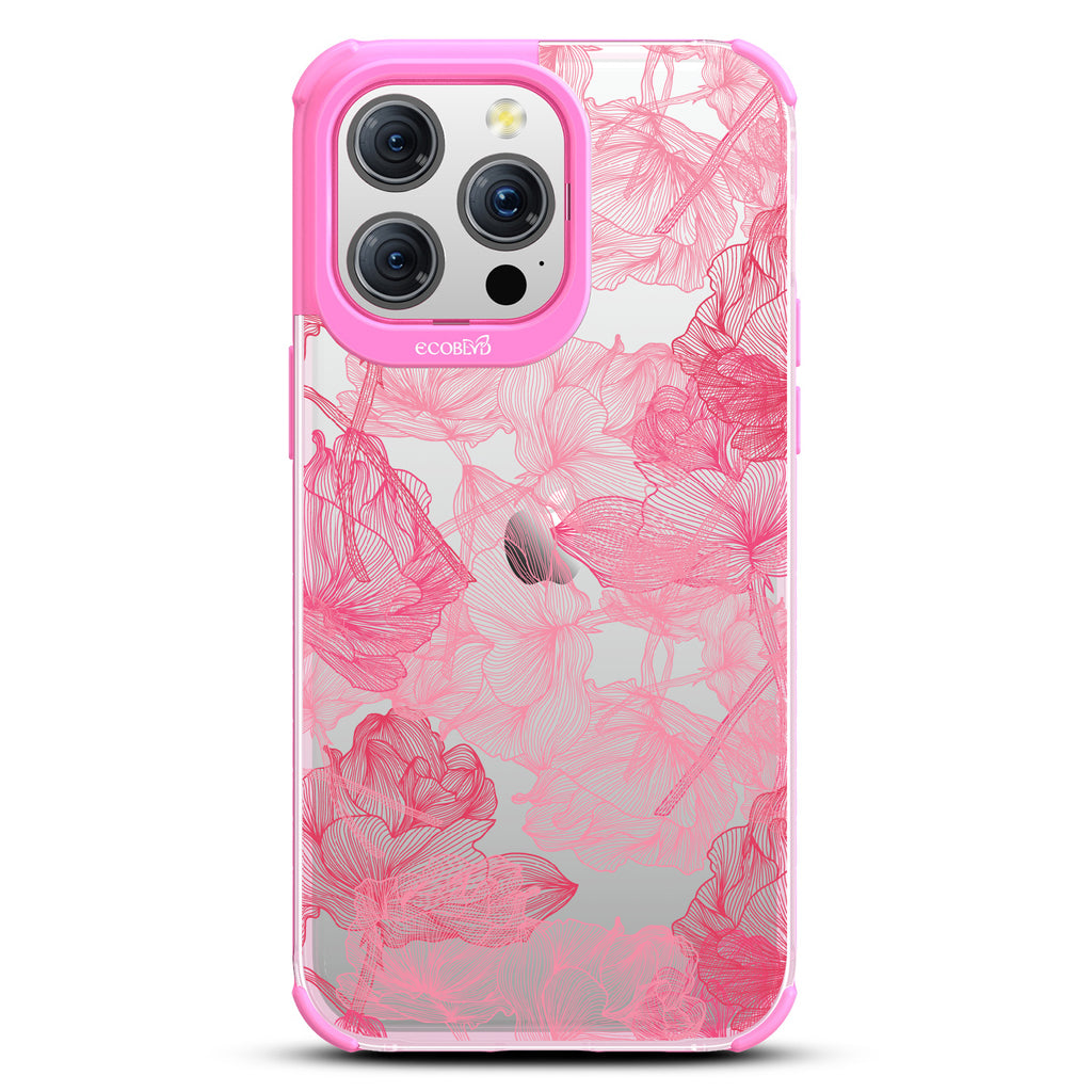 Blushed Pink - Pink Line Art Style Roses - Eco-Friendly Clear iPhone 15 Pro Max Case With Pink Rim