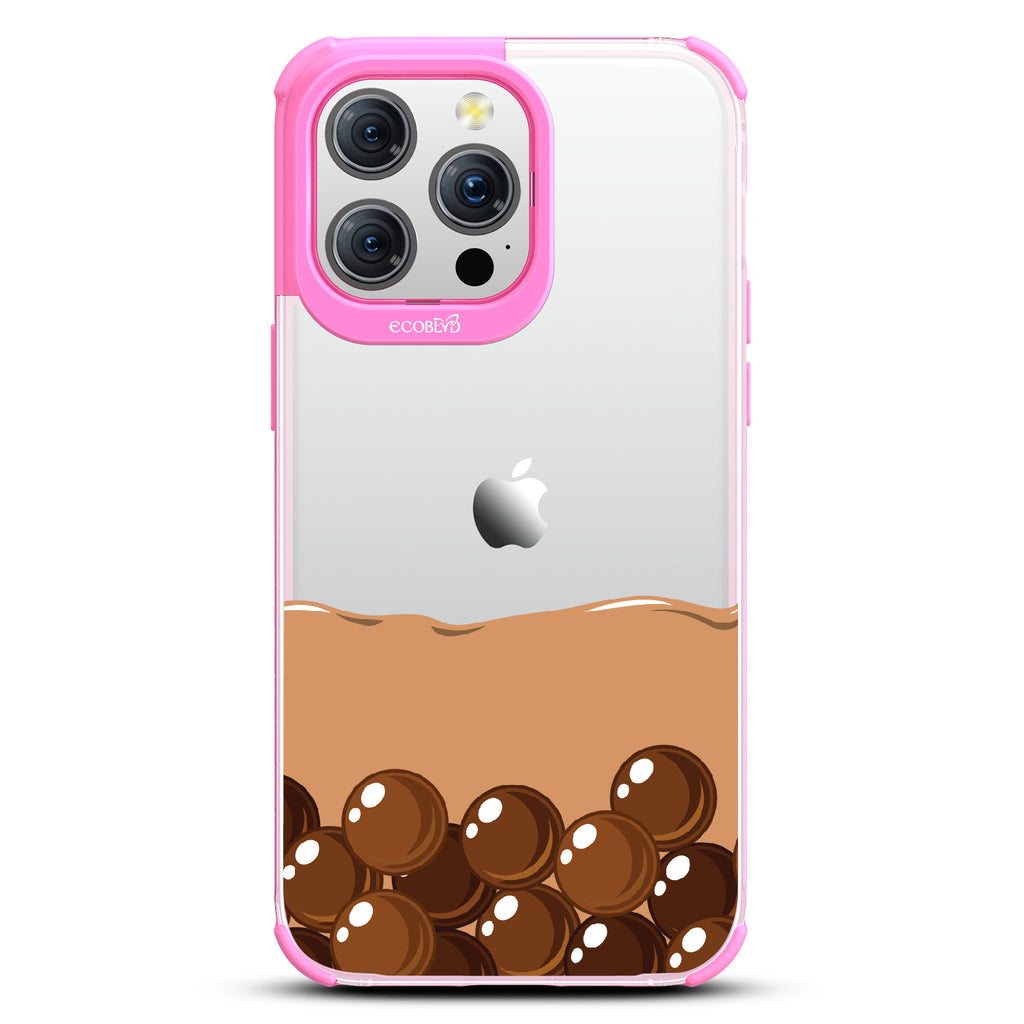 iPhone 15 Pro Max case, clear eco-friendly phone case with pink ridges, back view, Brown Sugar Boba design