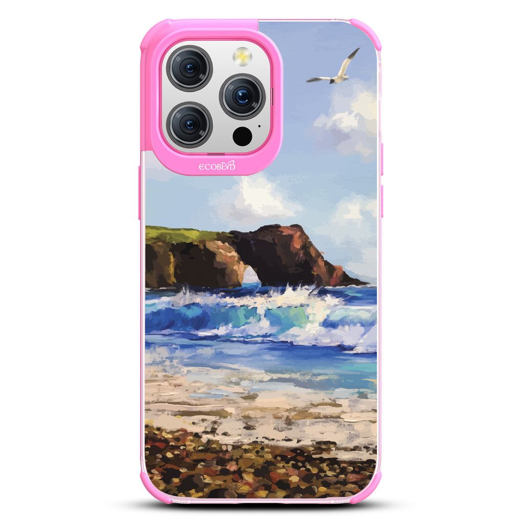 iPhone 15 Pro Max case, clear eco-friendly phone case with pink ridges, back view, Cliffhanger design