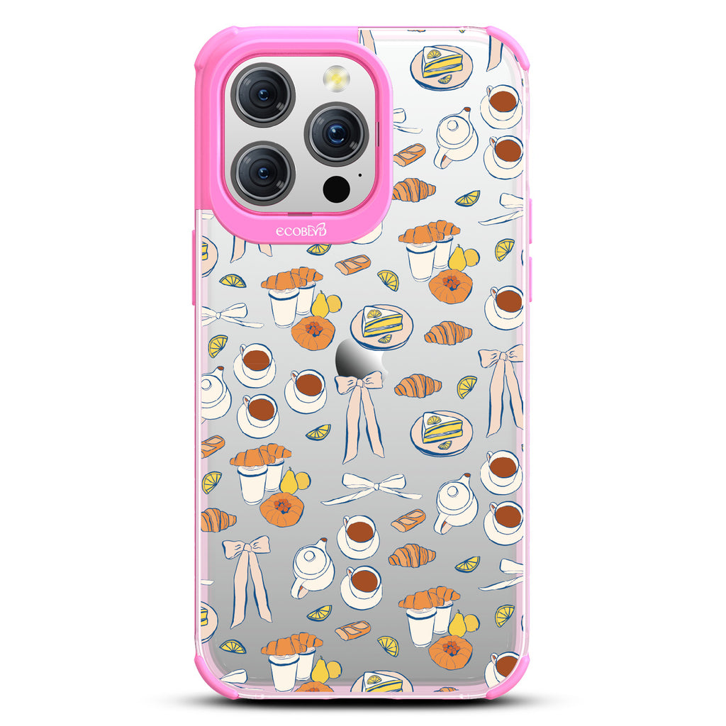 iPhone 15 Pro Max case, clear eco-friendly phone case with pink ridges, back view, Tea Time design