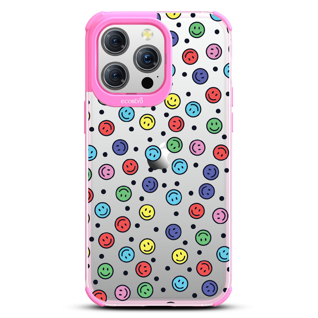 All Smiles - Multi Colored Smiley Faces & Black Dots - Eco-Friendly Clear iPhone 15 Pro Max Case With Pink Rim  