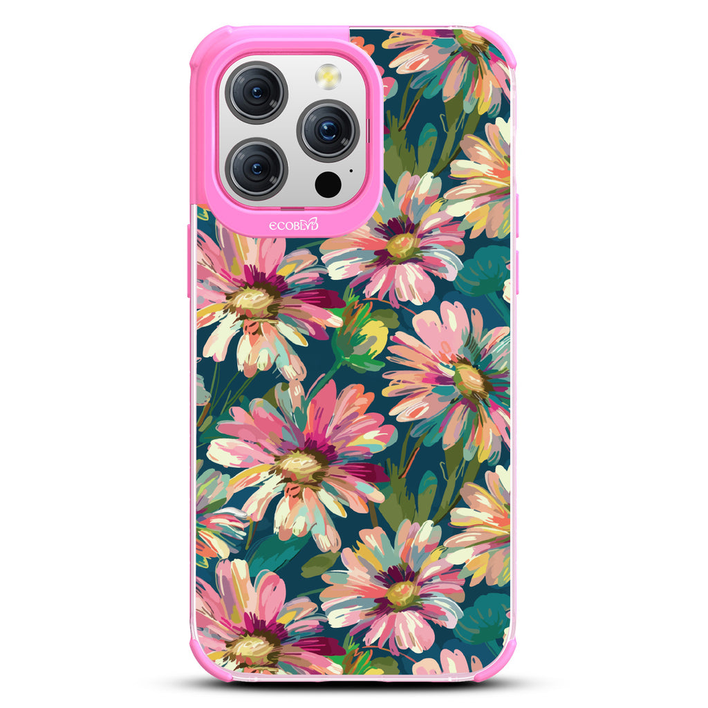 iPhone 15 Pro Max case, clear eco-friendly phone case with pink ridges, back view, Daisy Dusk design
