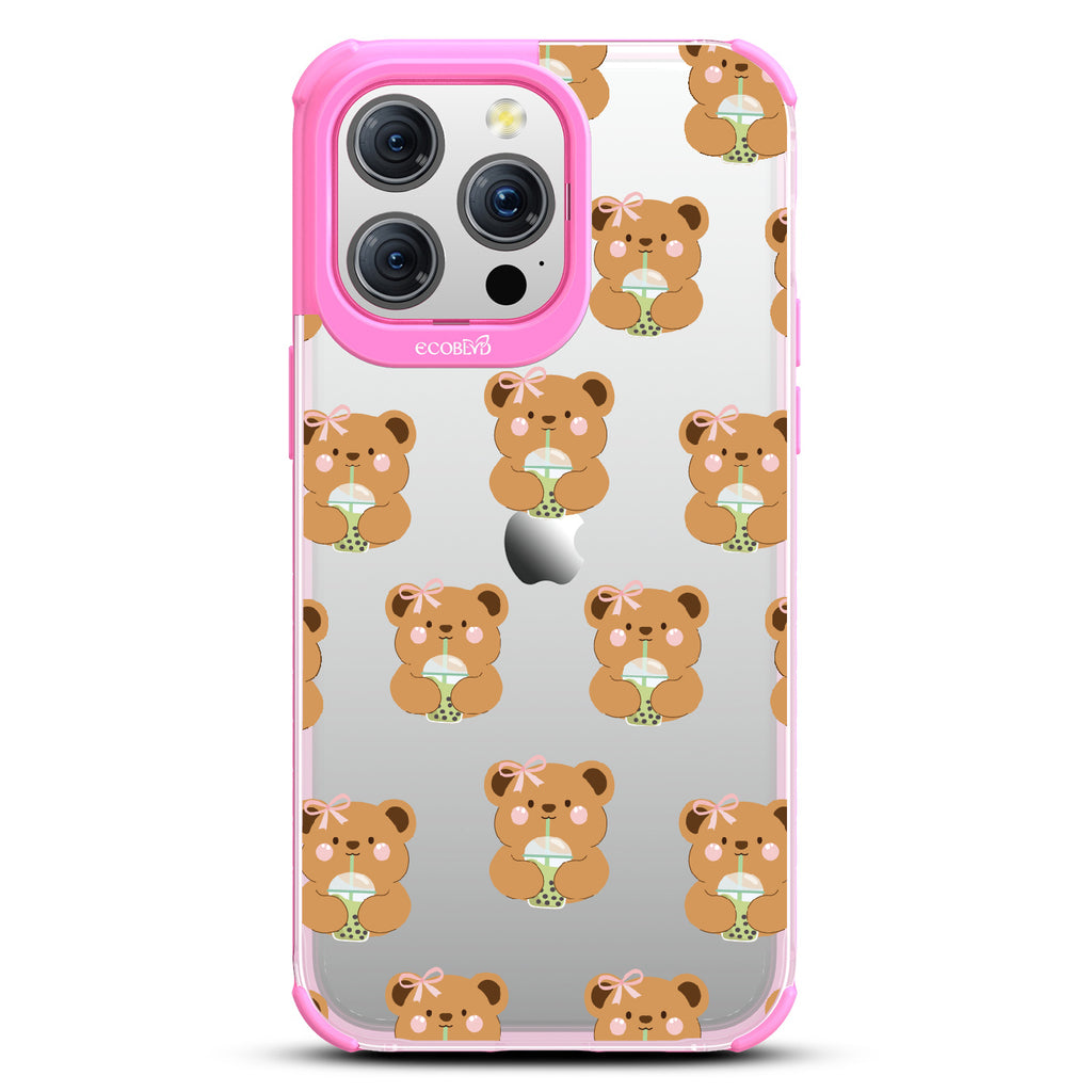 iPhone 15 Pro Max case, clear eco-friendly phone case with pink ridges, back view, Bear-ista Approved design