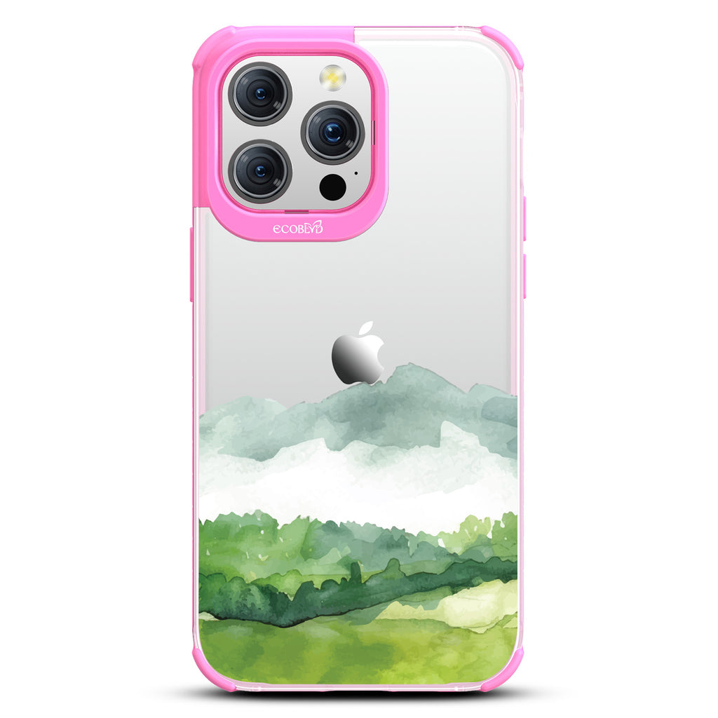 iPhone 15 Pro Max case, clear eco-friendly phone case with pink ridges, back view, Open Horizon design
