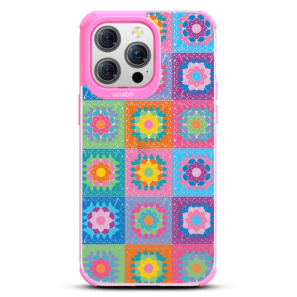 All Squared Away - Pastel Vintage Granny Squares Crochet - Eco-Friendly Clear iPhone 15 Pro Max Case With Pink Rim 