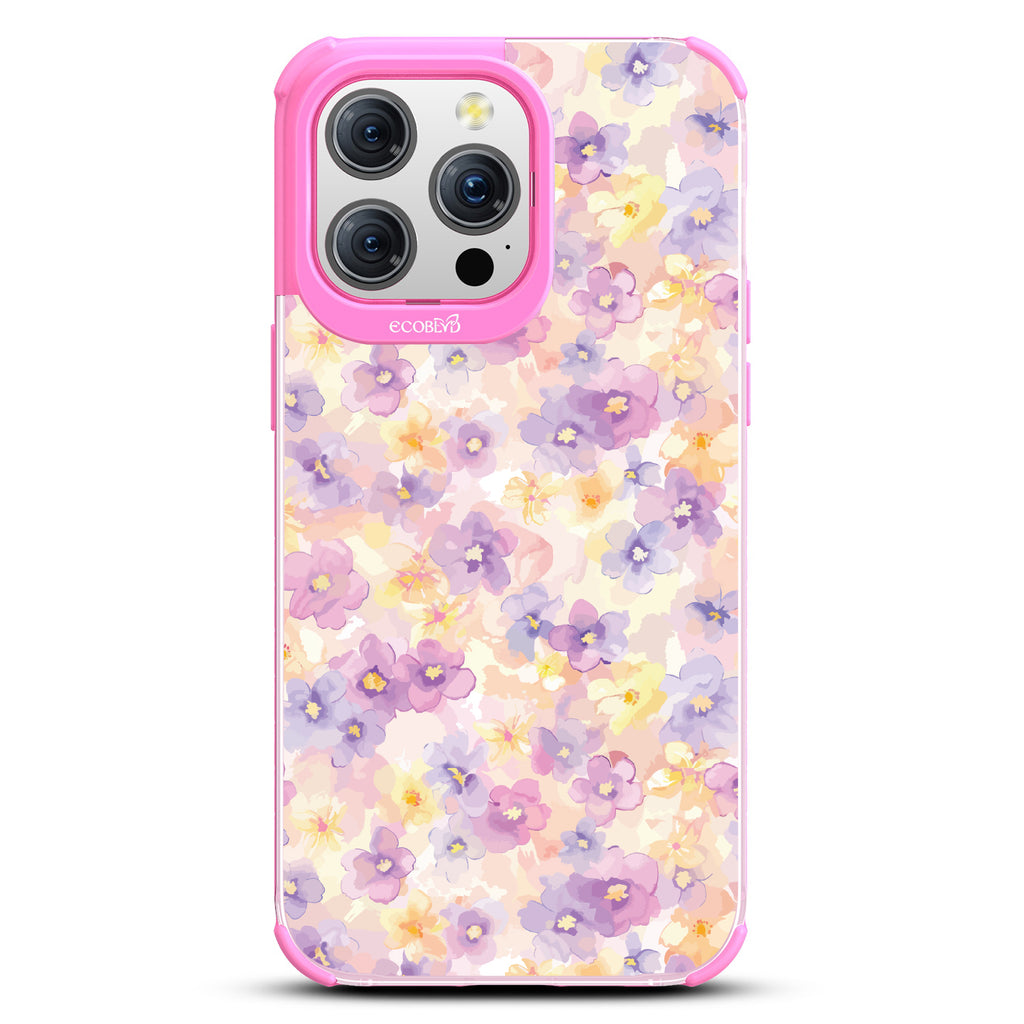 iPhone 15 Pro Max case, clear eco-friendly phone case with pink ridges, back view, Flowering Thoughts design