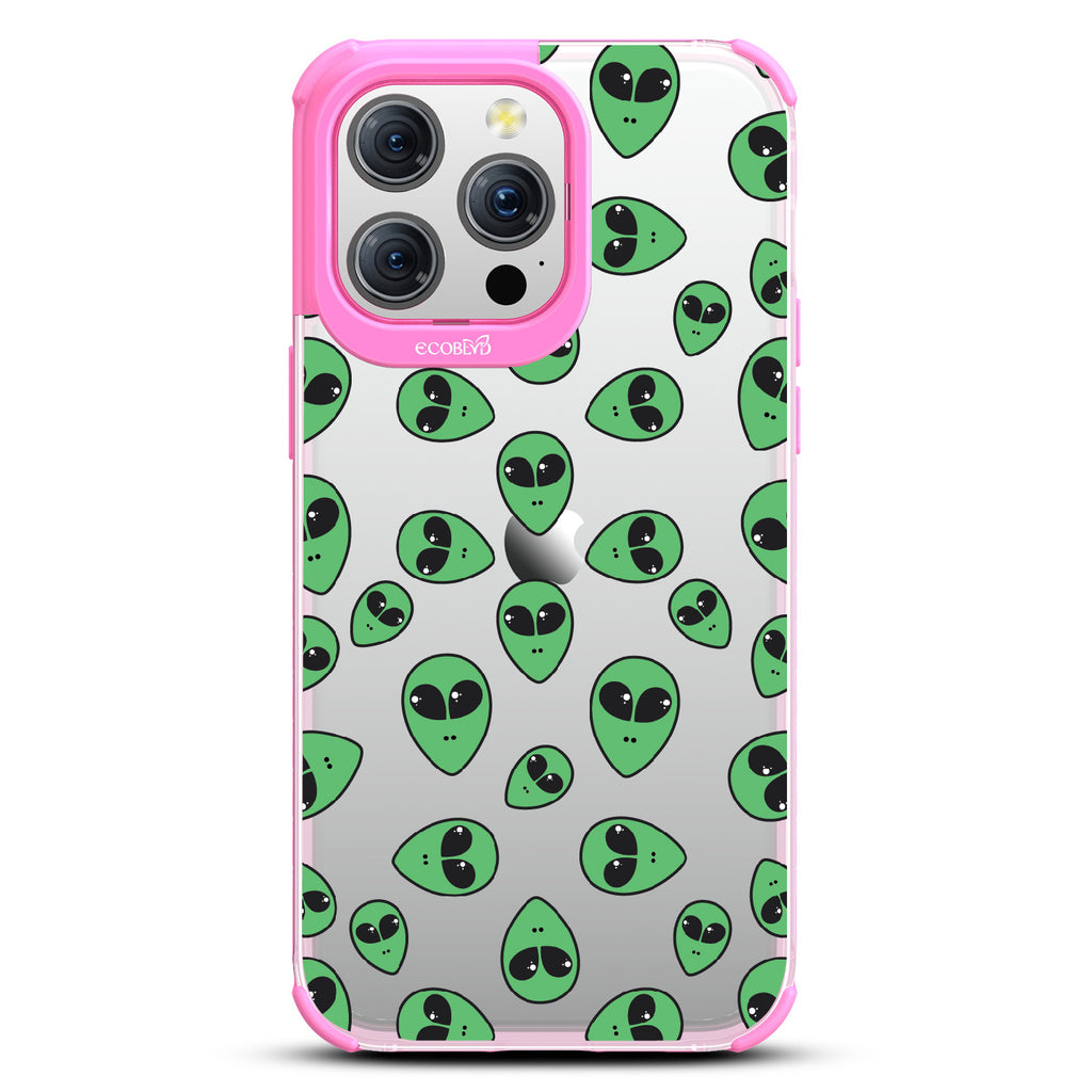 Aliens - Green Cartoon Alien Heads - Eco-Friendly Clear iPhone 15 Pro Max Case With Pink Rim