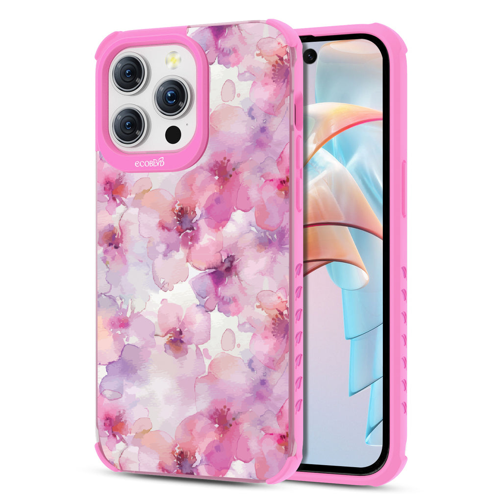 Front and back view of iPhone 15 Pro Max case, clear compostable phone case with pink ridges, Rosewater design