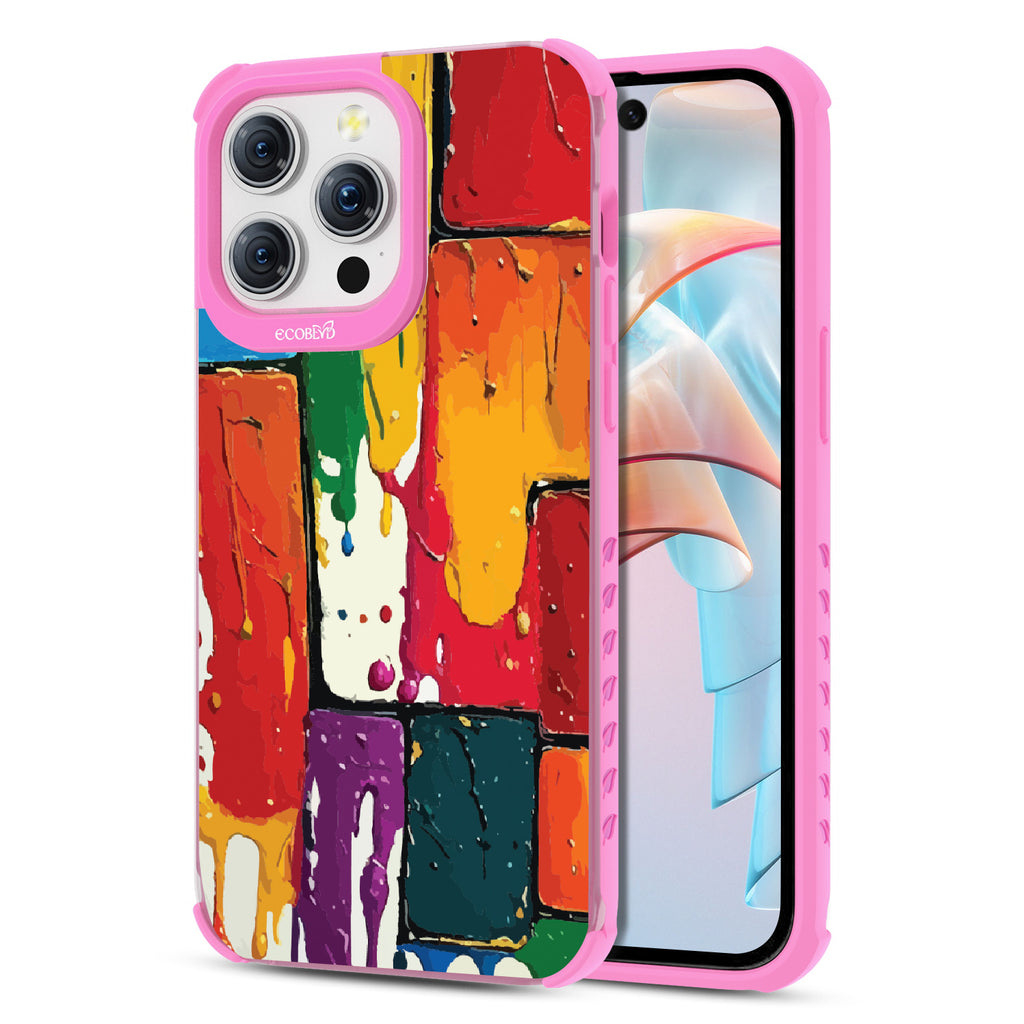 Front and back view of iPhone 15 Pro Max case, clear compostable phone case with pink ridges, Color Me Mine design