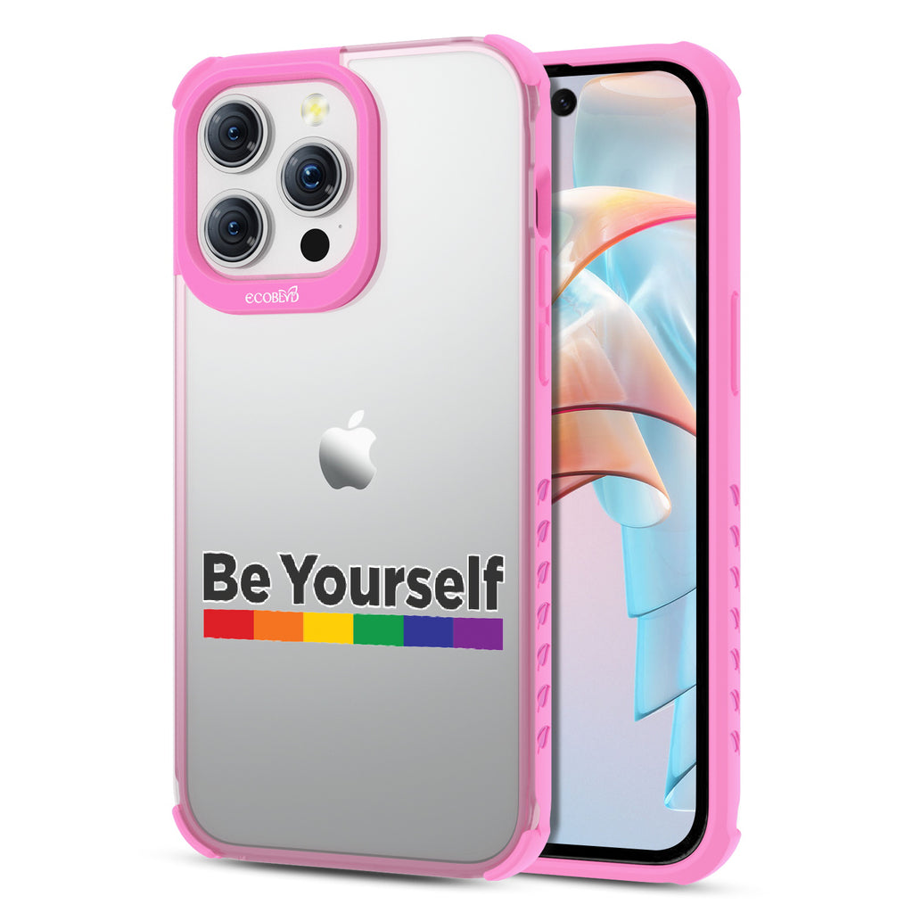 Be Yourself - Be Yourself + Rainbow Gradient Line - Eco-Friendly Clear iPhone 15 Pro Max Case With Pink Rim