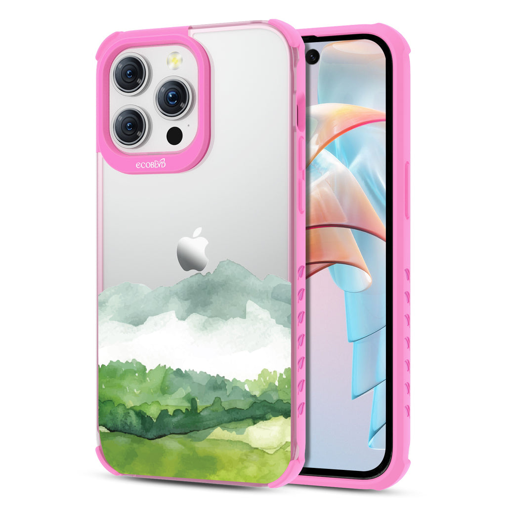 Front and back view of iPhone 15 Pro Max case, clear compostable phone case with pink ridges, Open Horizon design