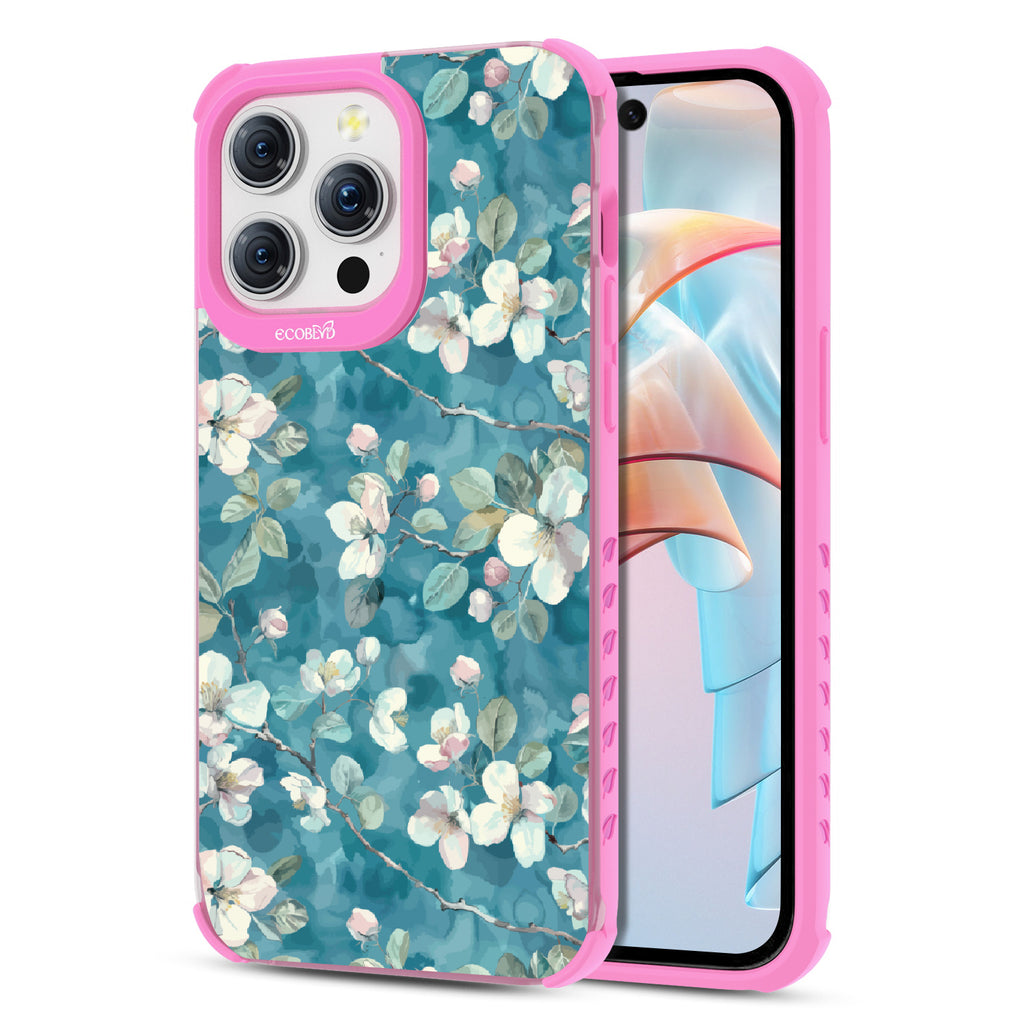 Front and back view of iPhone 15 Pro Max case, clear compostable phone case with pink ridges, Sway & Sprout design