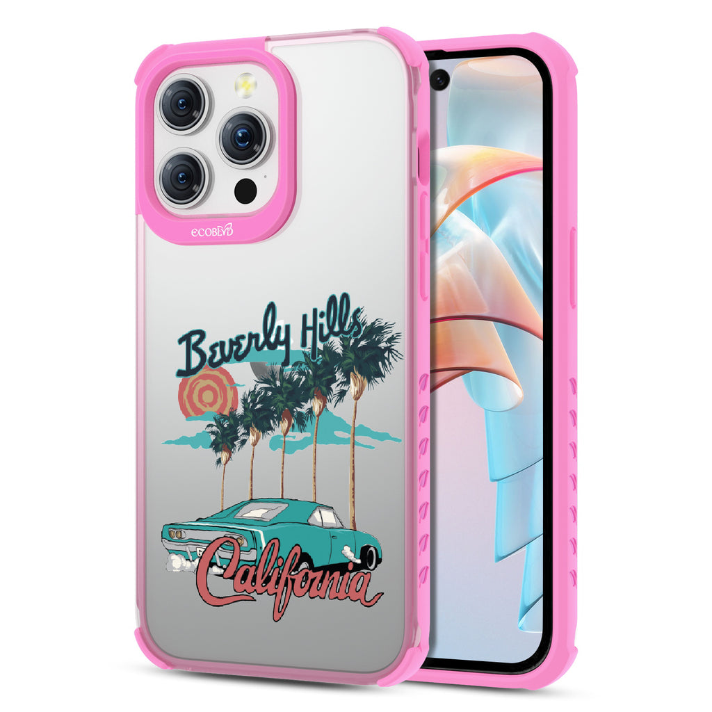 Front and back view of iPhone 15 Pro Max case, clear compostable phone case with pink ridges, 90210 design