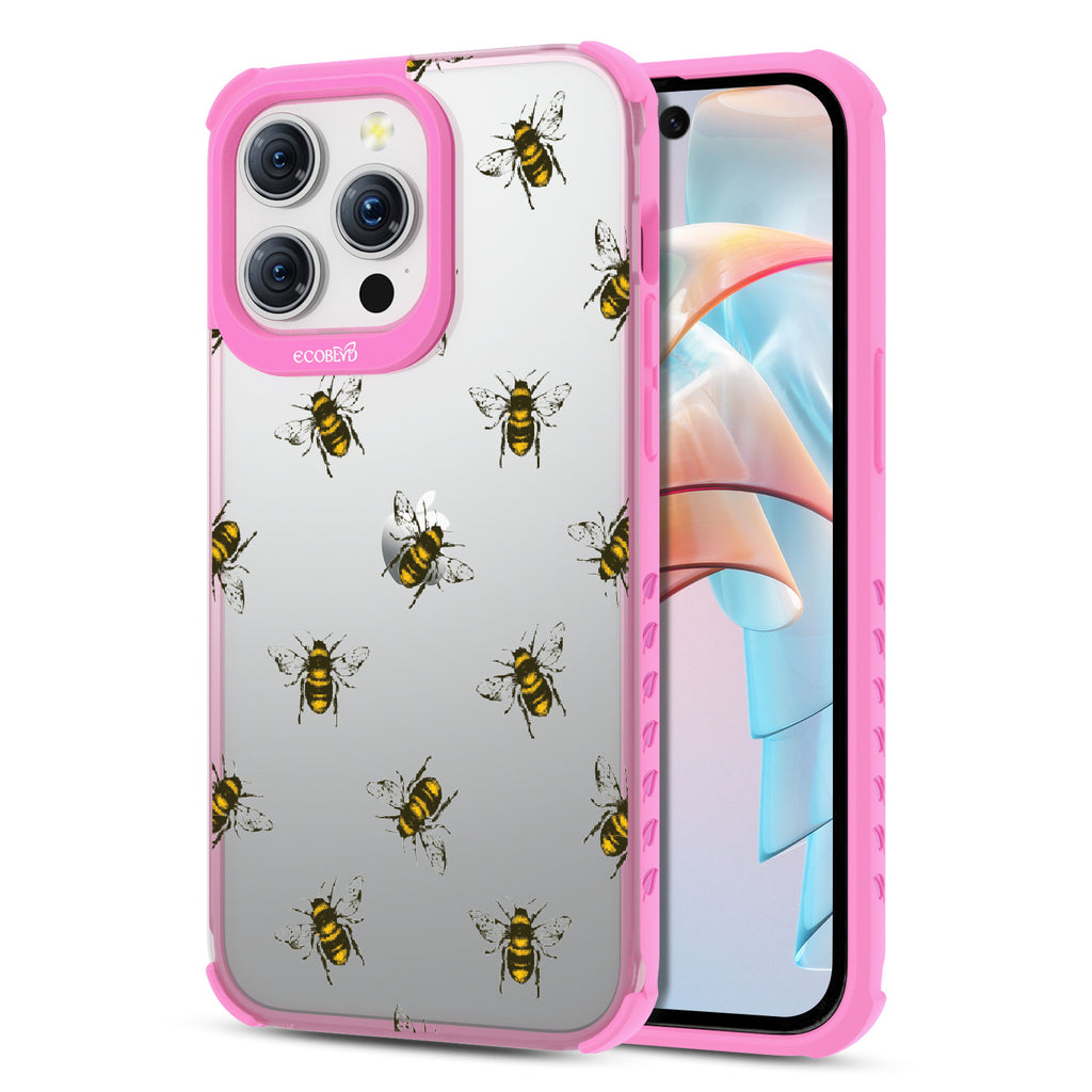 Bees - Back View Of Eco-Friendly iPhone 15 Pro Clear Case With Pink Rim & Front View Of Screen