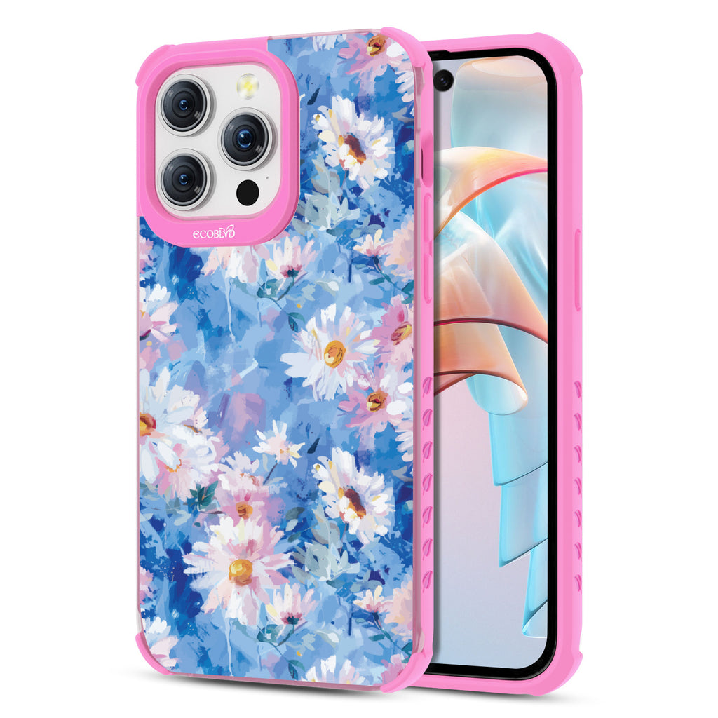 Front and back view of iPhone 15 Pro Max case, clear compostable phone case with pink ridges, Blown Away design