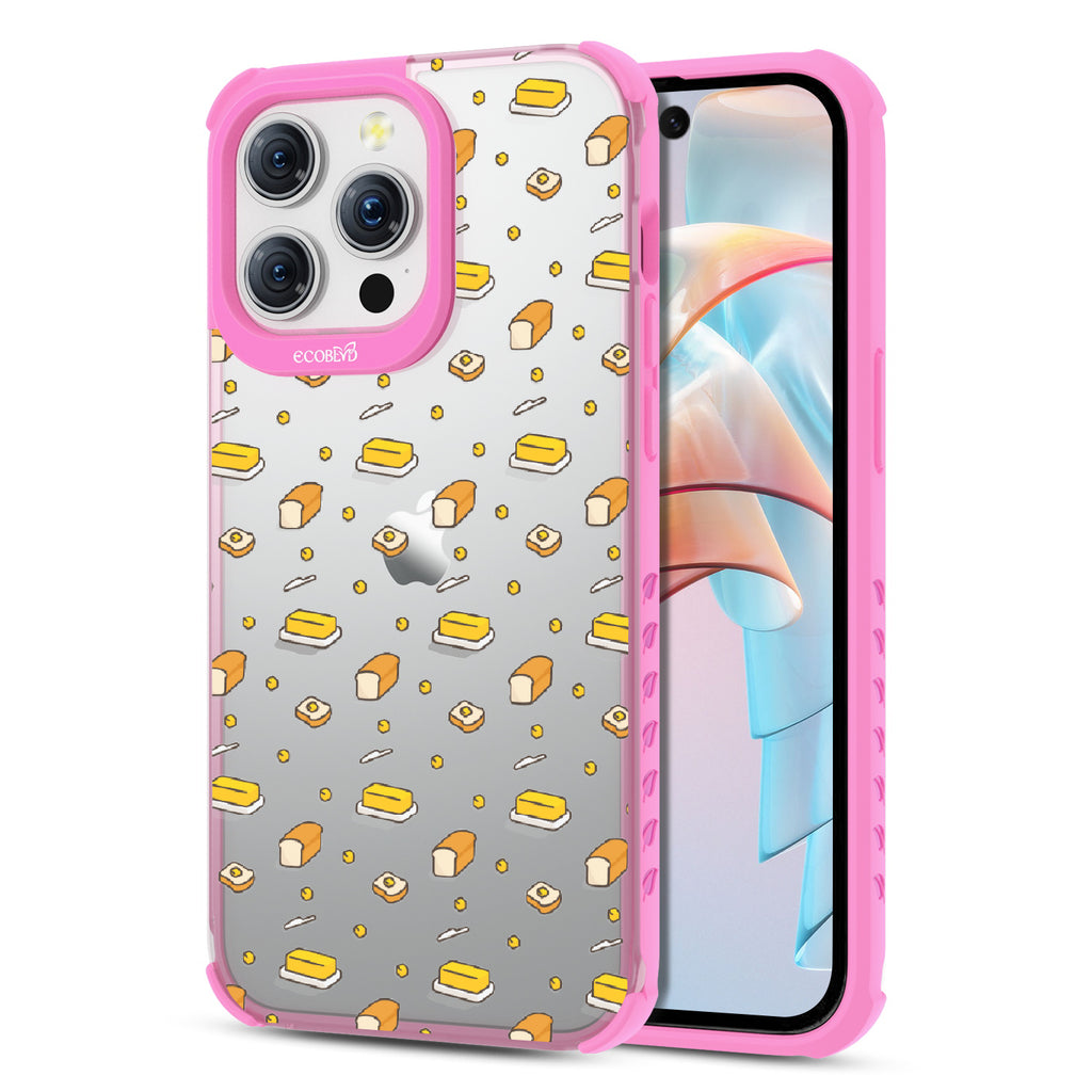 Front and back view of iPhone 15 Pro Max case, clear compostable phone case with pink ridges, Butter Me Up design