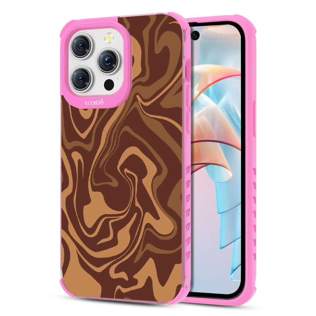 Front and back view of iPhone 15 Pro Max case, clear compostable phone case with pink ridges, Stirred & Swirled  design
