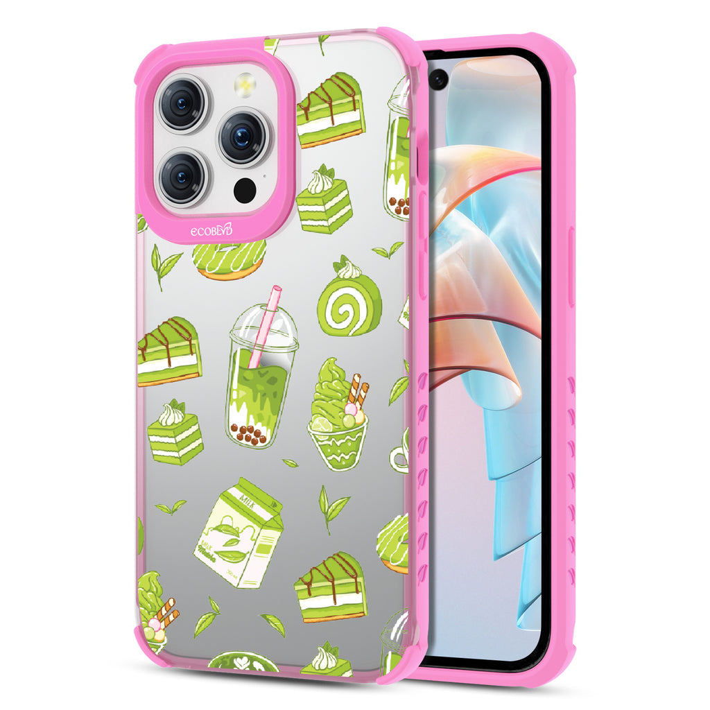 Front and back view of iPhone 15 Pro Max case, clear compostable phone case with pink ridges, So Matcha More design