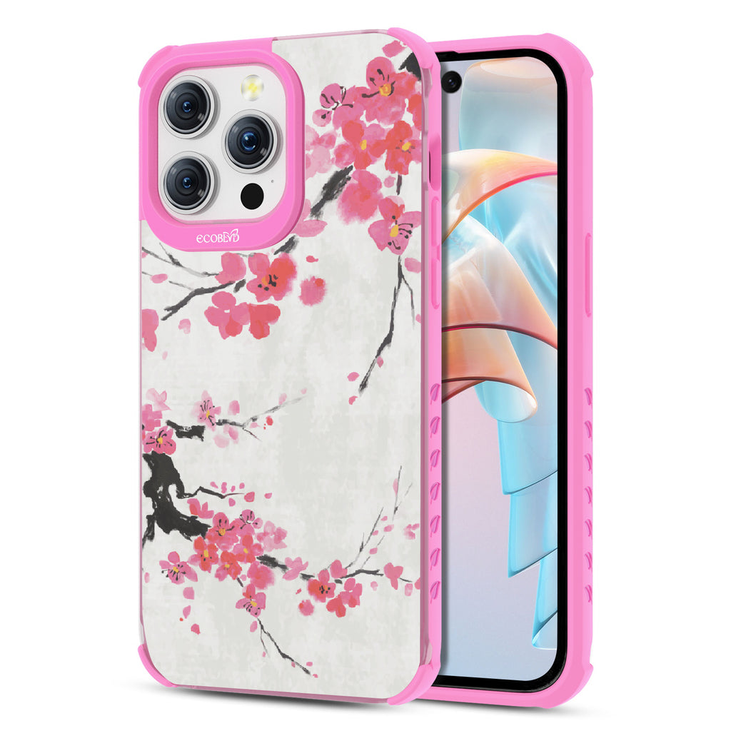 Front and back view of iPhone 15 PRo Max case, clear compostable phone case with pink ridges, Sakura Season design