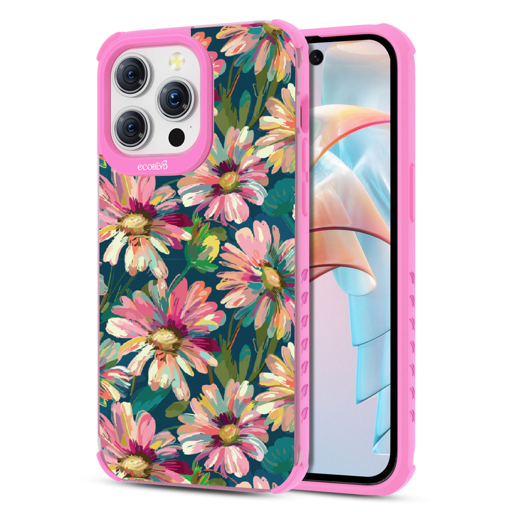 Front and back view of iPhone 15 Pro Max case, clear compostable phone case with pink ridges, Daisy Dusk design