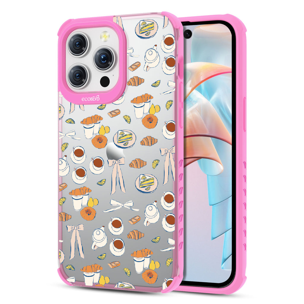 Front and back view of iPhone 15 Pro Max case, clear compostable phone case with pink ridges, Tea Time  design
