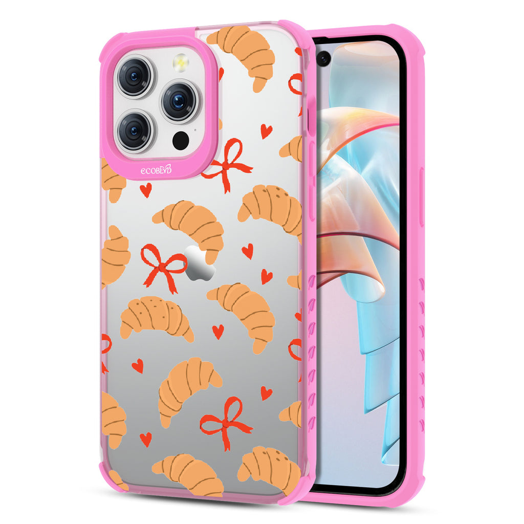 Front and back view of iPhone 15 Pro Max case, clear compostable phone case with pink ridges, Croissant Couture  design