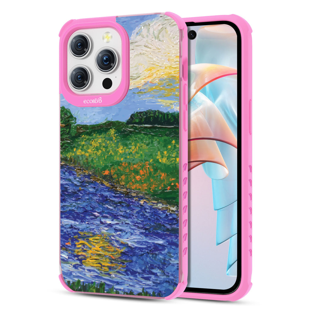 Front and back view of iPhone 15 Pro Max case, clear compostable phone case with pink ridges, Field of Vision design