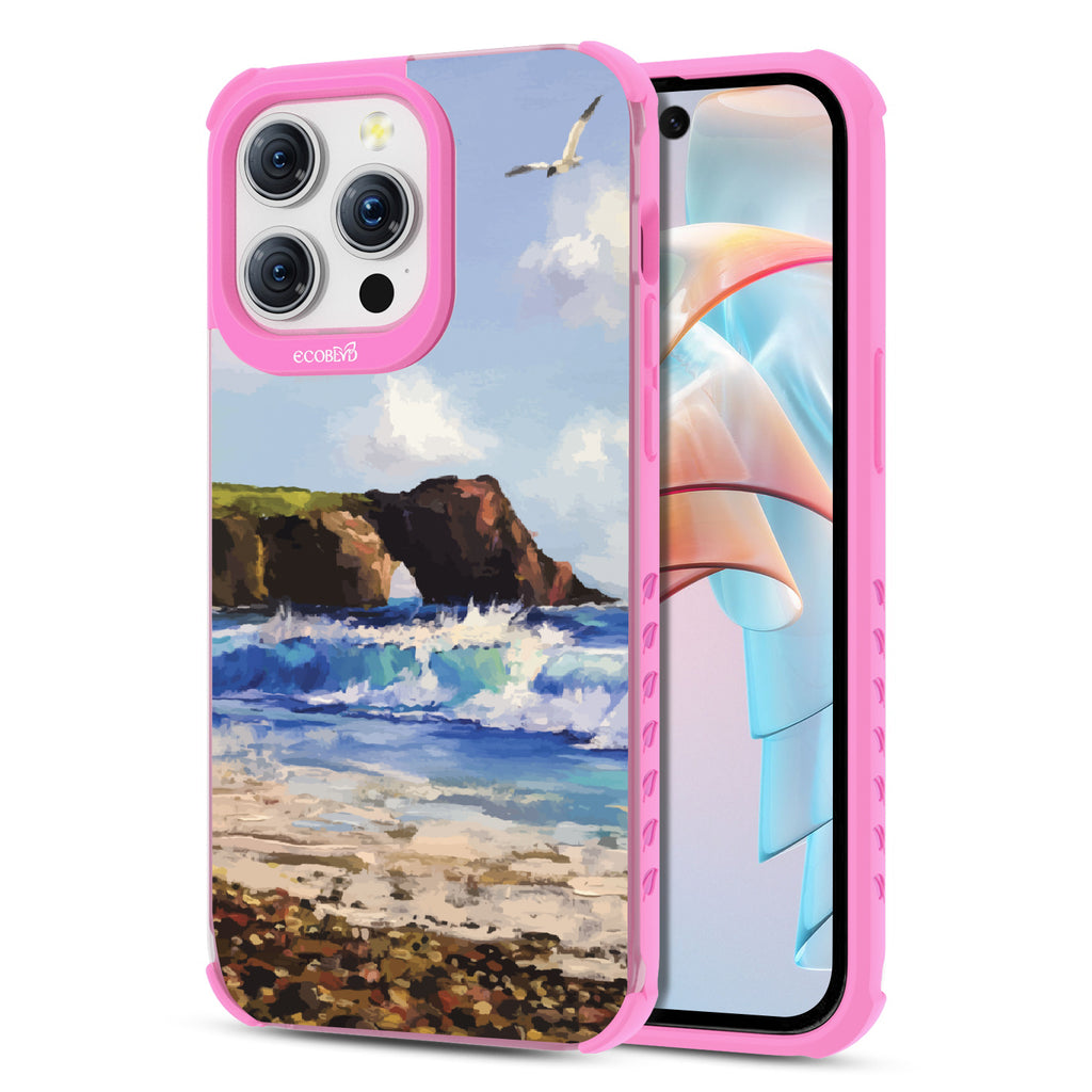 Front and back view of iPhone 15 Pro Max case, clear compostable phone case with pink ridges, Cliffhanger design