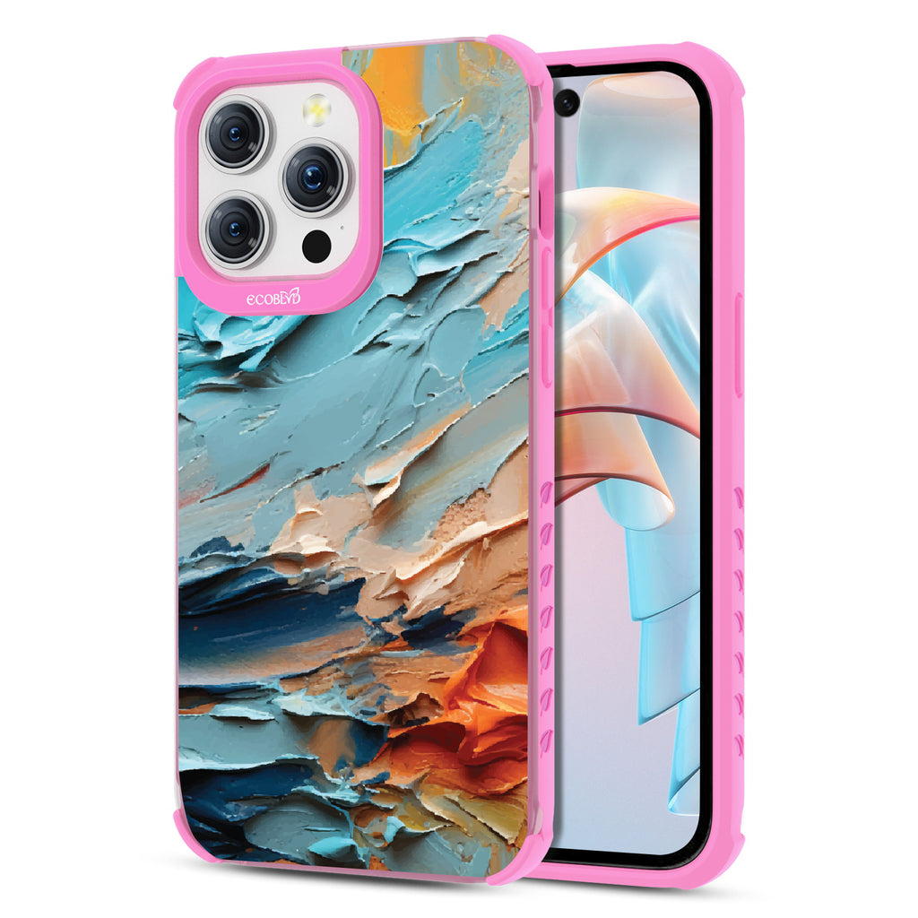 Front and back view of iPhone 15 Pro Max case, clear compostable phone case with pink ridges, Frame of Mind design
