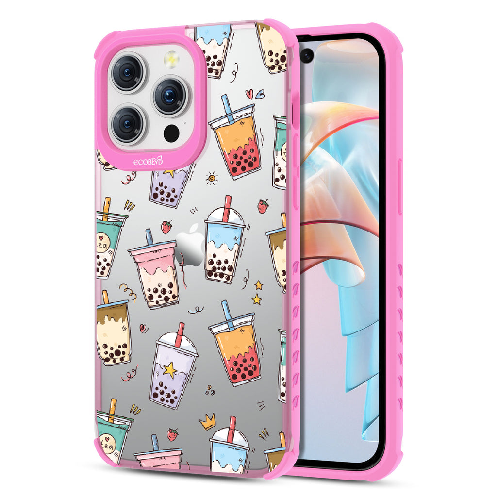 Front and back view of iPhone 15 Pro Max case, clear compostable phone case with pink ridges, Best-Teas design