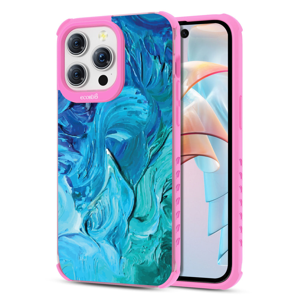 Front and back view of iPhone 15 Pro Max case, clear compostable phone case with pink ridges, Oceanswept design