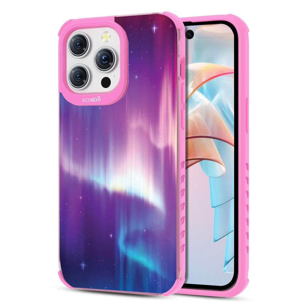 Aurora Borealis - Back View Of Eco-Friendly iPhone 15 Pro Max Clear Case With Pink Rim & Front View Of Screen