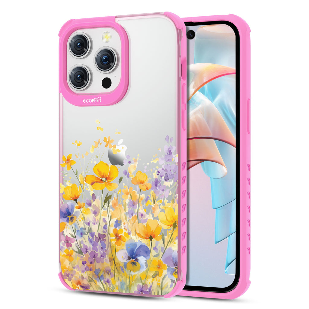 Front and back view of iPhone 15 Pro Max case, clear compostable phone case with pink ridges, Meadowlight design