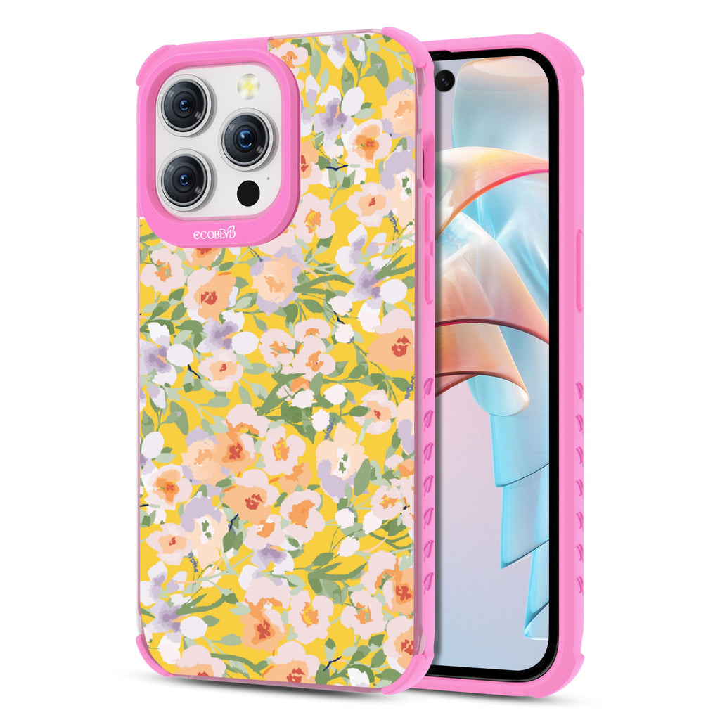 Front and back view of iPhone 15 Pro Max case, clear compostable phone case with pink ridges, Flourish & Shine design