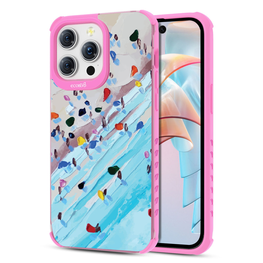 Front and back view of iPhone 15 Pro Max  case, clear compostable phone case with pink ridges, Waves of Color design