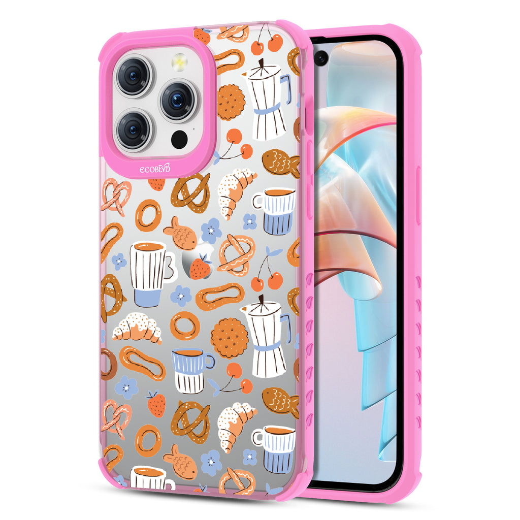 Front and back view of iPhone 15 Pro Max case, clear compostable phone case with pink ridges, The Breakfast Club design