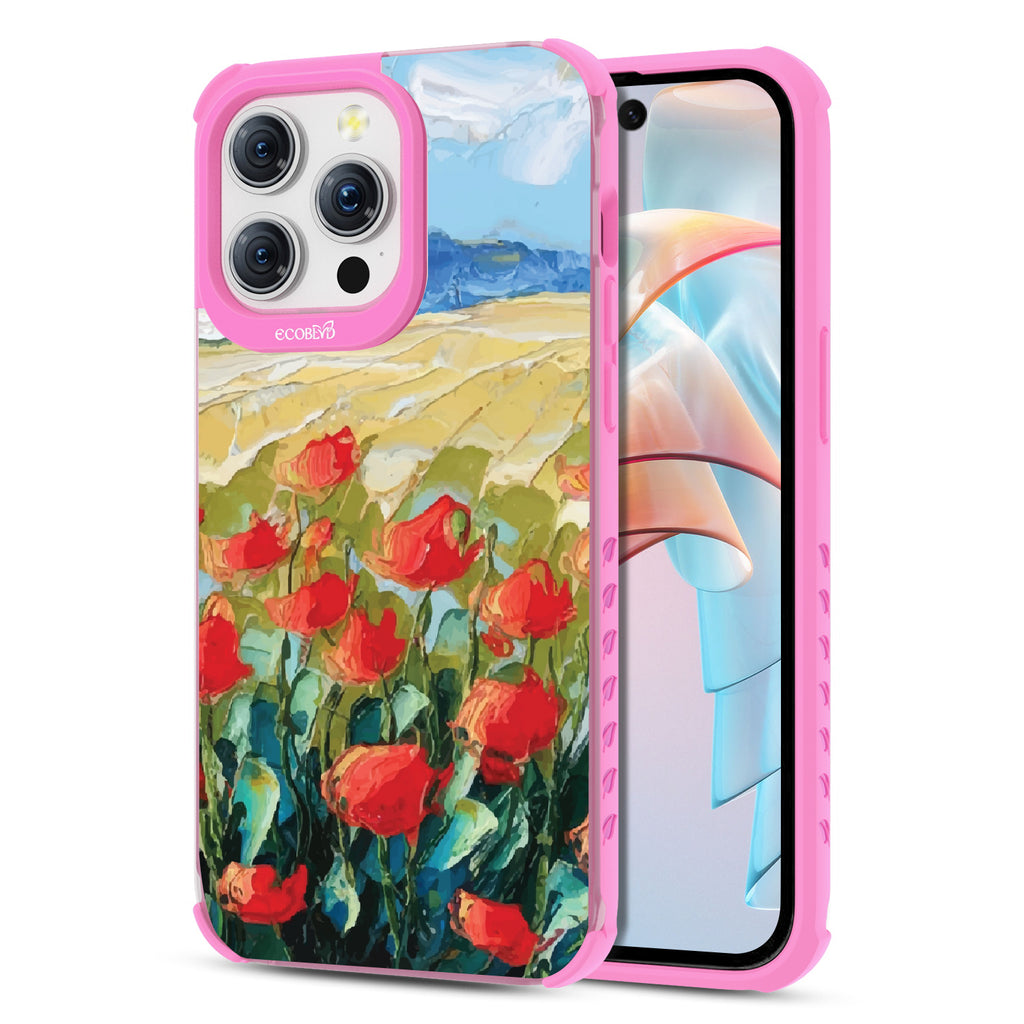 Front and back view of iPhone 15 Pro Max case, clear compostable phone case with pink ridges, Sleepy Bloom design
