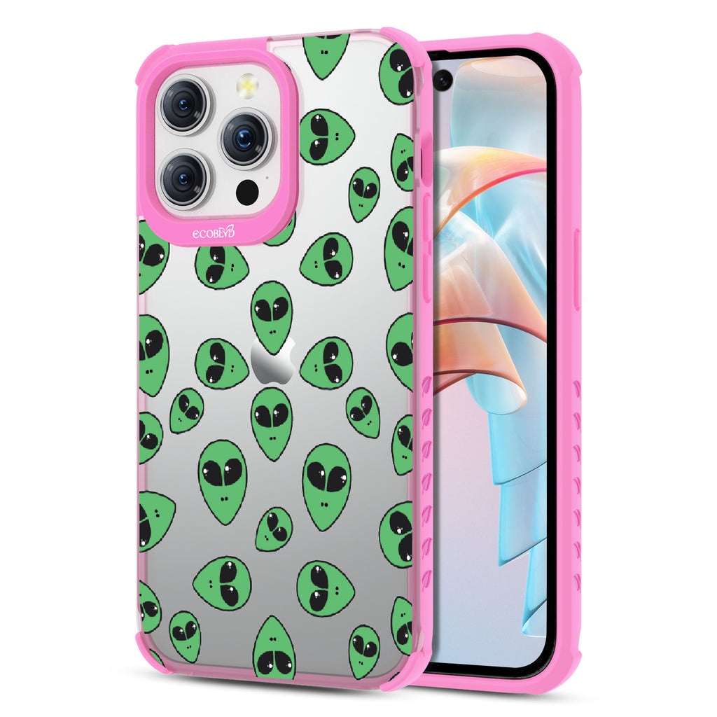 Aliens  - Back View Of Eco-Friendly iPhone 15 Pro Max Clear Case With Pink Rim & Front View Of Screen