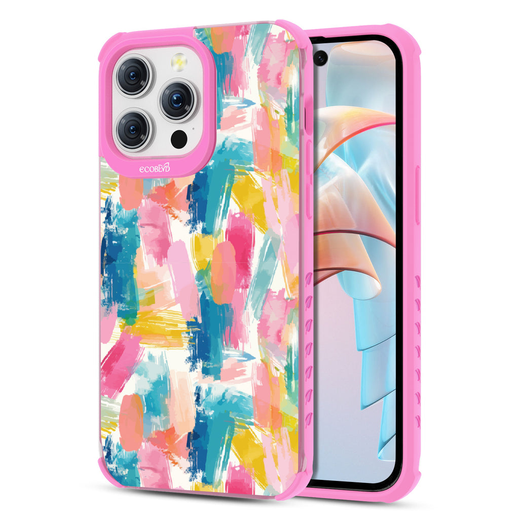 Front and back view of iPhone 15 Pro Max case, clear compostable phone case with pink ridges, Blurred Beauty design