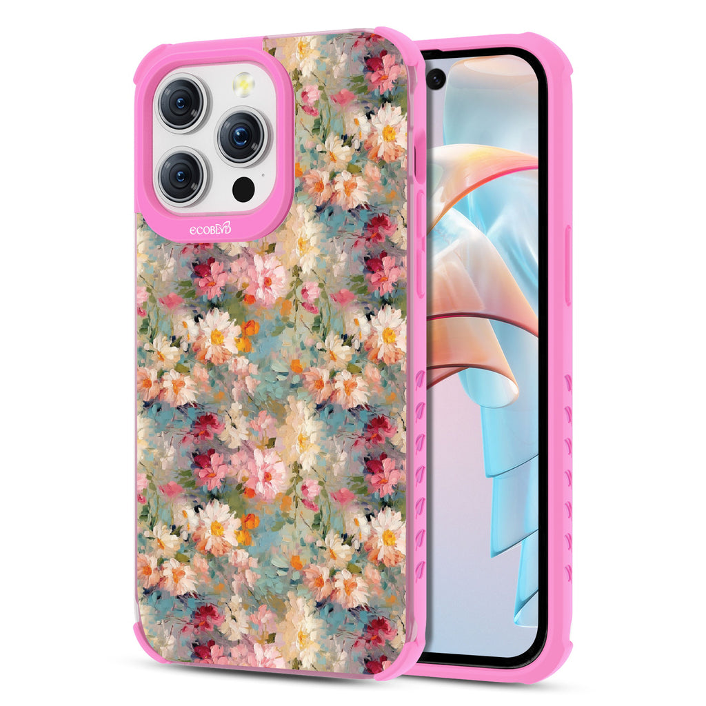 Front and back view of iPhone 15 Pro Max case, clear compostable phone case with pink ridges, Perennial design
