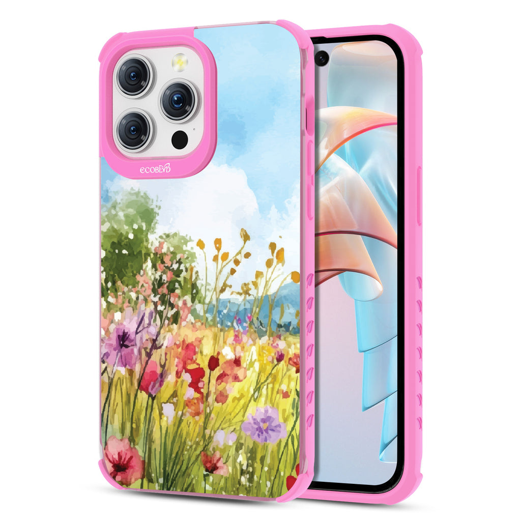 Front and back view of iPhone 15 Pro Max case, clear compostable phone case with pink ridges, Everwild design