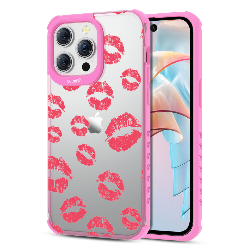   Bisou - Back View Of Eco-Friendly iPhone 15 Pro Max Clear Case With Pink Rim & Front View Of Screen