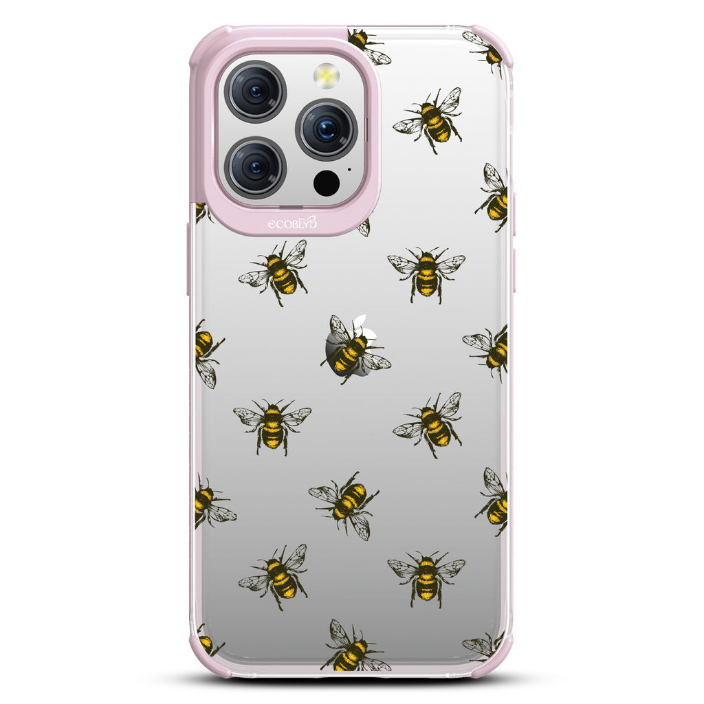 Bees - Back View Of Eco-Friendly iPhone 15 Pro Clear Case With Pastel Lilac Rim & Front View Of Screen