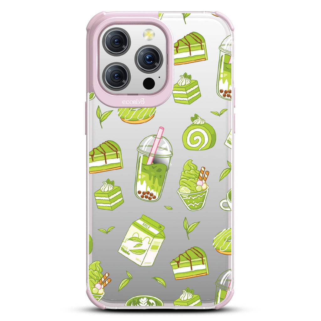 iPhone 15 Pro Max case, clear eco-friendly phone case with lilac ridges, back view, So Matcha More design
