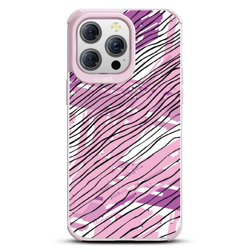Abstract Rhythms - Abstract Art Of Pink + Purple Paint, Black Stripes - Eco-Friendly Clear iPhone 15 Pro Max Case With Pastel Lilac Rim